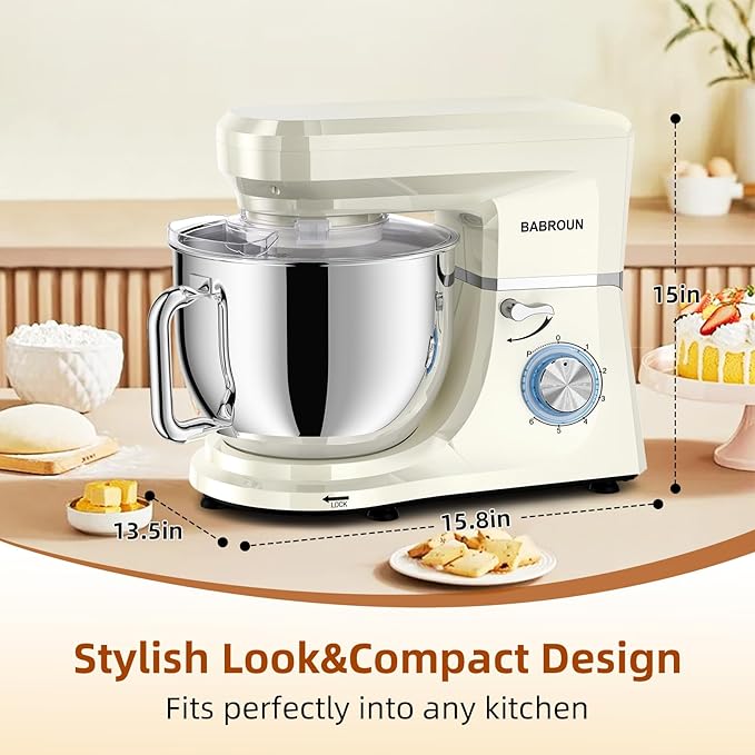Dough Mixer 8.45 QT Electric Mixer - 660W 6 Speed Large Capacity Kitchen Stand Mixer with Whisk Dough Hook Mixing Beater Household Food Mixer for Baking Cakes Cookie Bread Salad(White)
