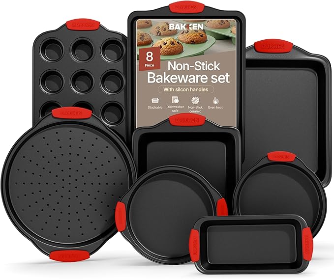 Baking Set – 8 Piece Kitchen Oven Bakeware Set – Deluxe Non-Stick Black Coating Inside and Outside – Carbon Steel – Red Silicone Handles – PFOA PFOS and PTFE Free by Bakken