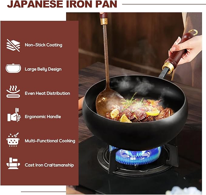 Gugxiom Suntuup Japanese Iron Pan, 28cm Cast Iron Wok, with Spatula, 2 Covers to Choose From, for Pots On Electric Stoves/Induction Cookers/Gas Stoves (Glass lid)