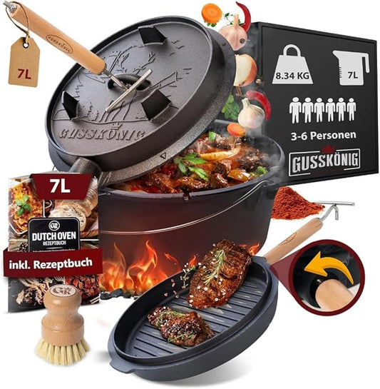 Pre-Seasoned Dutch Oven Set - 7 Quart Cast Iron Dutch Oven Pot with Lid, Fire Pot with Feet for Bread Baking & Cooking - Includes 2-in-1 Lid Lifter, Brush & Recipe Book [for 3-5 People]