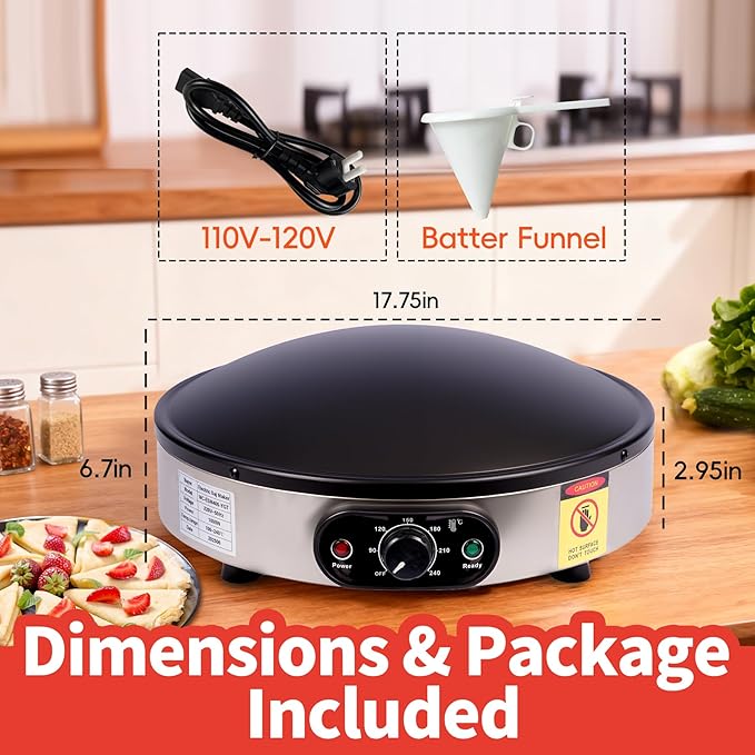 Crepe Makers, 16-Inch Electric Roti and Tortilla Maker, 1600W Large Non-Stick Convex Dome Griddle, Commercial Grade Saj Bread Maker & Crepe Machine, Adjustable Temp up to 460°F,Stainless Steel