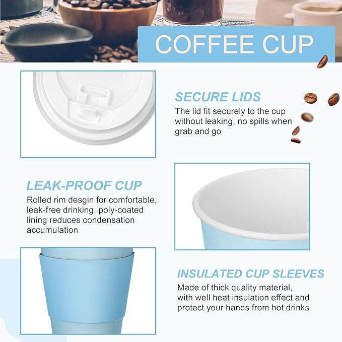 Patelai 48 Pcs 12 oz Disposable Coffee Cups with Lids and Sleeves Bulk, Insulated Hot Chocolate Paper Cup for Hot and Cold Beverage Water Juice Cocoa Tea Party Restaurants Travel Supplies (Blue)