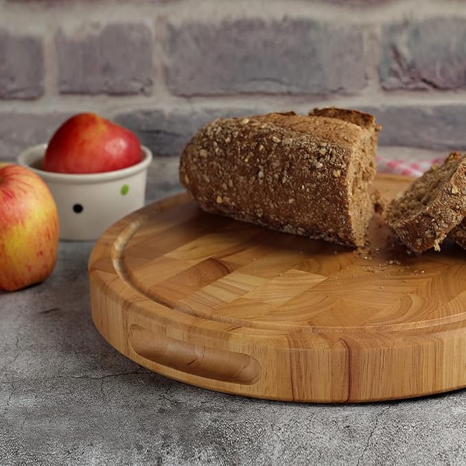 Extra Large & Thick Wood Cutting Board 13 x 13 x1.5 Inch, End Grain Built-In Compartment and Juice Canal, Heavy Duty Chopping Board, Thick Carving Board for Bread Fruits (Round: 13 x 13 x 1.5 inch)