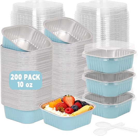 200 Pack 10 oz Square Mini Cake Pans with Lids, Disposable Aluminum Foil Baking Cups, Mini Ramekins for Brownies, Cupcakes, Cheesecake, Individual Desserts, Christmas Parties & Catering (Blue)