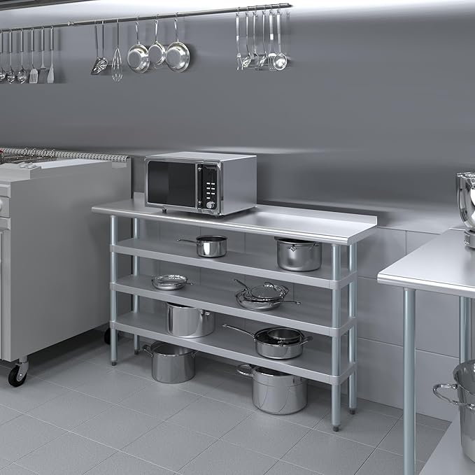 AmGood Stainless Steel Work Table with 1.5" Backsplash and 3 Shelves | Metal Kitchen Food Prep Table | NSF (60" Long x 14" Deep)