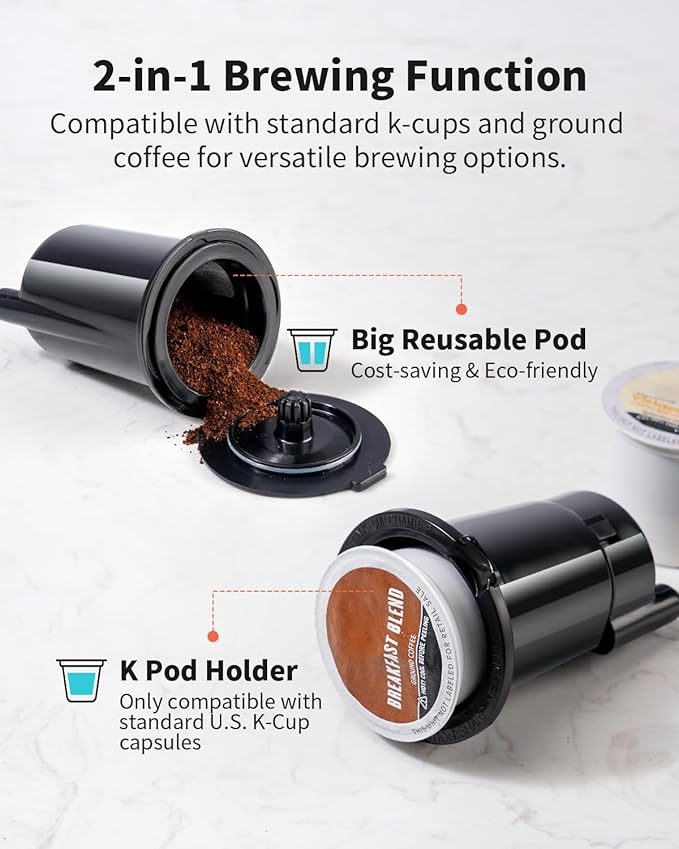 Hot & Iced Single Serve Coffee Maker for K Cup & Grounds, 6–16oz Brew Sizes, 40oz Water Tank, Reusable Pod Filter, Easy-to-Use, Black
