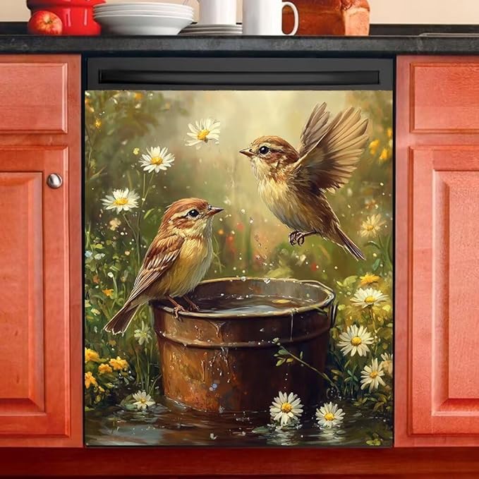 Dishwasher Magnet Cover, Bird and Daisy Garden Scene Refrigerator Magnetic Vinyl Sticker for Dishwasher Door, Rustic Country Decorative Kitchen Appliance Panel Decal, 23Wx26H Inches