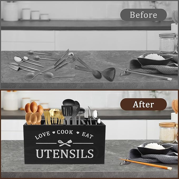 2 Pack Extra Large Kitchen Utensils Holder with 4 Compartments, Wooden Utensil Organizer for Kitchen Countertop, Farmhouse Kitchen Decor, Rustic Cooking Utensil for Knives, Forks, Spoon and Spatula