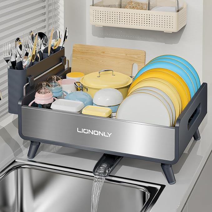 Dish Drying Rack, Thicker Premium Aluminum Frame and 304 Stainless Steel Plate Rack for Kitchen Counter, Automatic Drainage Spout, Dish Drainer & Drainboard Set with Utensil Holder,Gray