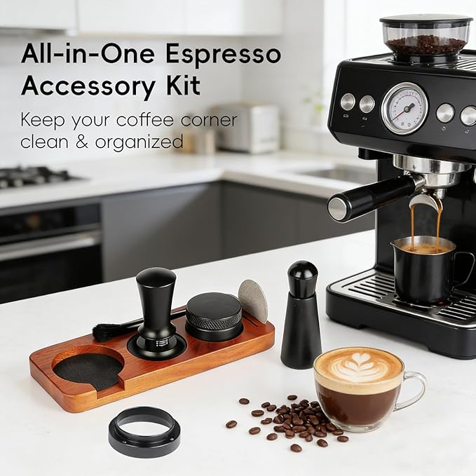 7 Pcs 54mm Espresso Tamper Tools Accessories Kit for Coffee WDT Tool Accessories Set Coffee Tamper Set with Wood Espresso Tamping Station Distributor Dosing Funnel Stirrer Brush Puck Screen -54mm