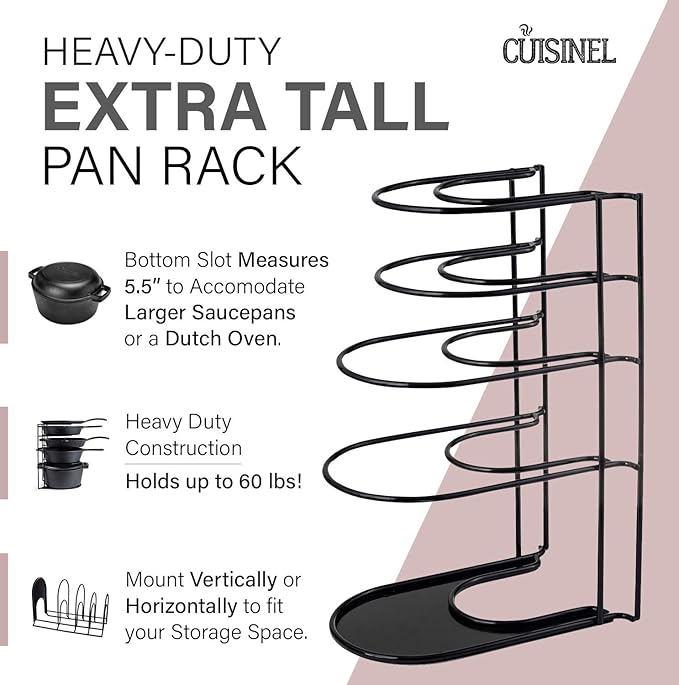 Cuisinel HEAVY DUTY POTS AND PANS ORGANIZER - EXTRA LARGE 5-TIER RACK - HOLDS CAST IRON SKIL