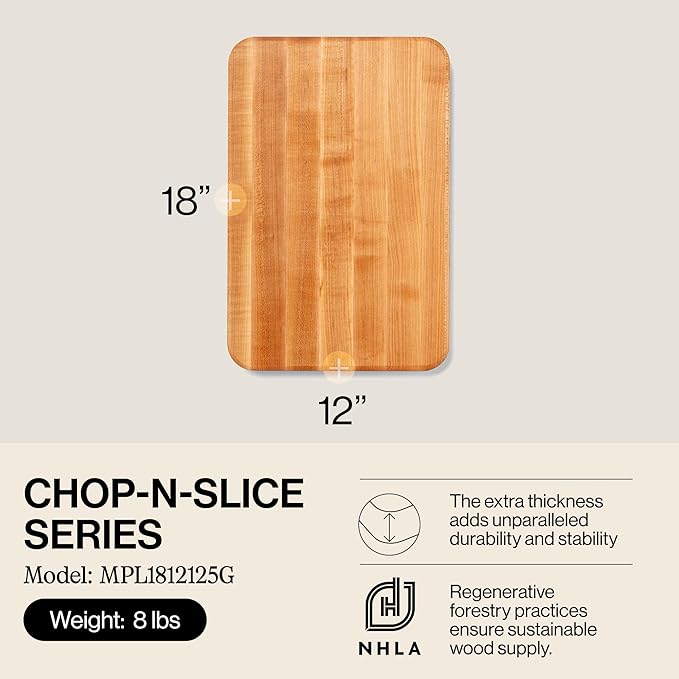 John Boos Chop-N-Slice Series Rectangular Wooden Maple Cutting Board 18”x12” – 1.25” Thick, 8-lb Reversible Butcher Block with Eased Corners, Edge-Grain & Finger Grips – Made in the USA