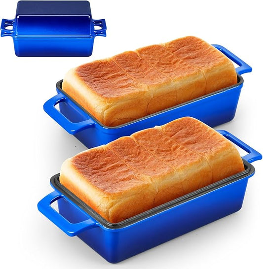 Leonyo 9 x 5 inch Cast Iron Loaf Pan Set of 2, 2-in-1 Enameled Sourdough Baking Pan with Lid, Homemade Bread Dutch Oven for Pound Cake, Lasagna, Up to 500℉ & Blue