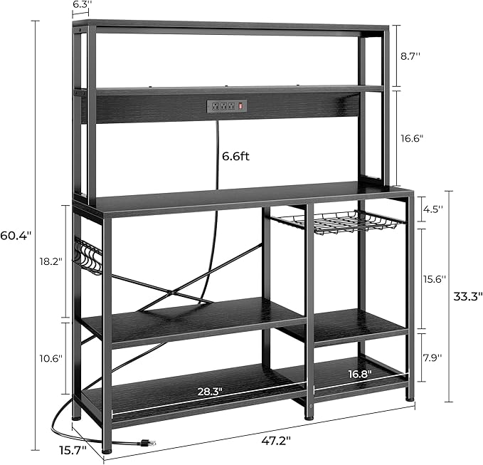 SUPERJARE Bakers Rack with Power Outlet, 47.2 Inches Coffee Bar with Wire Basket, Kitchen Microwave Stand with 6 S-Shaped Hooks, Open Storage Shelves, Black