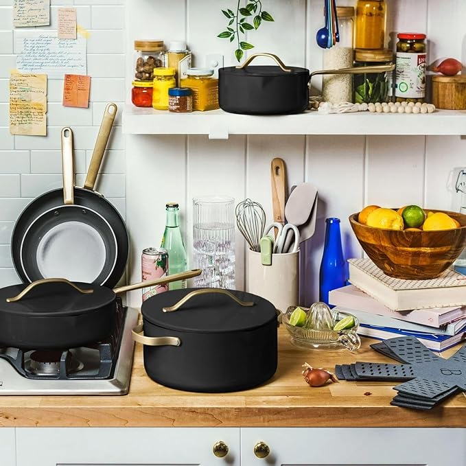 Pans 12pc Ceramic Non-Stick Cookware Set by Drew Barrymore, Pots & Pans with Lids, Dishwasher‑Safe,Soft‑Touch Handles, Even‑Heat Base. (Black Seaseme)