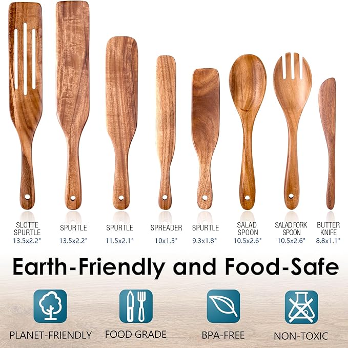 Wooden Spurtle Set for Cooking, Acacia Wood Kitchen Utensils, Premium Handmade Spurtles for Nonstick Cookware, Heat Resistant, Smooth Finish, Comfortable Grip, 8 Piece