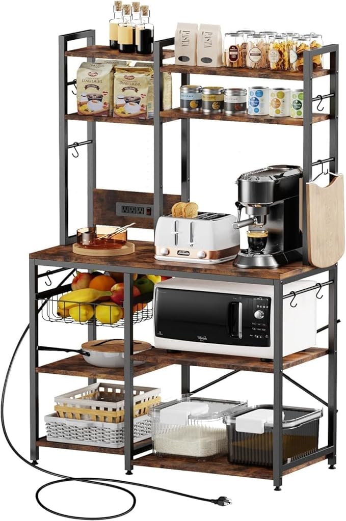 Luckyeestar Bakers Rack with Power Outlet - 6 Tier Microwave Stand with Storage, 35.4 inches Kitchen Shelf with Wire Basket and 12 S Hooks,Coffee Bar Shelf, Adjustable Feet, Rustic Brown Cabinet
