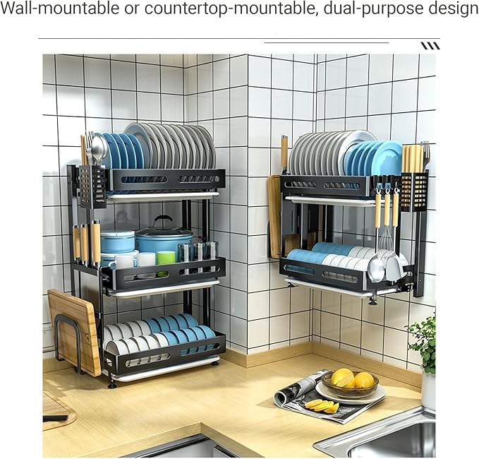 Stainless Steel Kitchen Dish Drying Rack with Drain Board Wall-mounted and Freestanding Countertop Dish Storage Rack Over Sink for Countertop Storage(Gray,Freestanding Two layers)