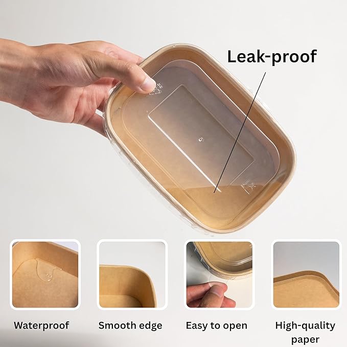 50 Pack 34 Oz Kraft Paper Bowl with Lid and Sporks, Disposable Catering Food Meal Prep Containers for Hot Food, Salad, Soup, School Lunch, Party, Takeout