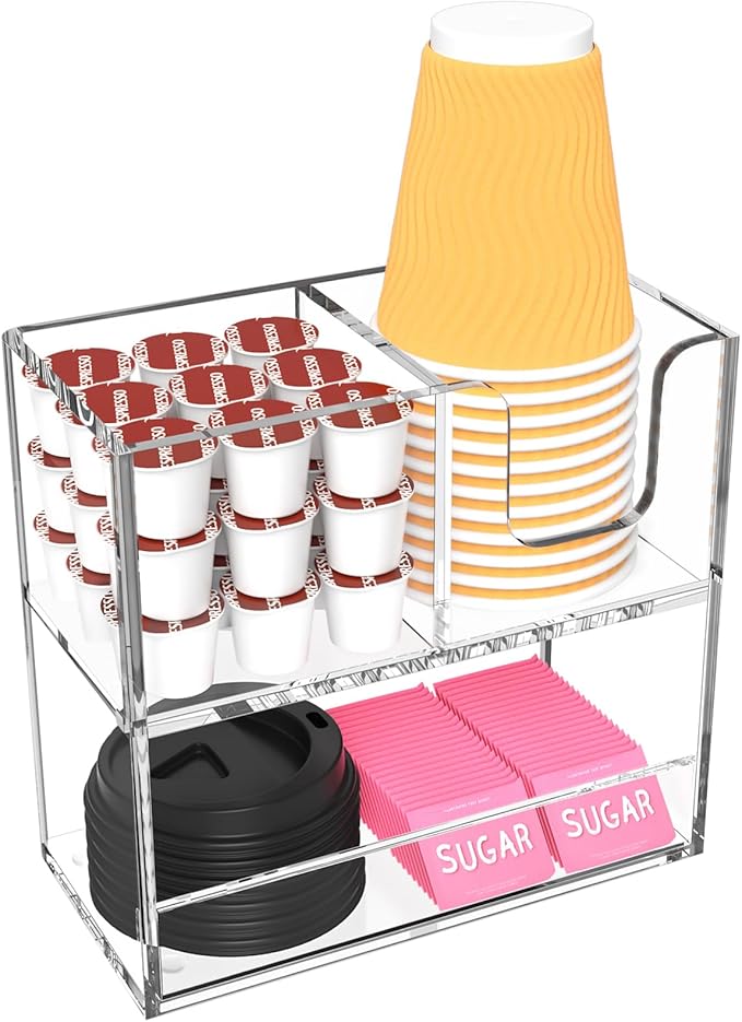 Coffee Condiment and Cup Organizer - 2-Tier Upright Cup and Lid Holder with Straw Organizer 3 Compartments Clear Acrylic Cup Dispenser for Restaurant Breakroom Coffee Station Countertop