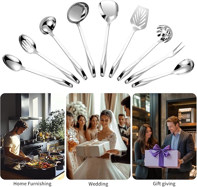 304 Stainless Steel Kitchen Utensil Set - 9pcs Cooking Utensils, Metal Kitchen Utensil Spatula Sets Cookware,High temperature resistance Kitchen Tool Set for Hanging Dishwasher Safe（Silver）