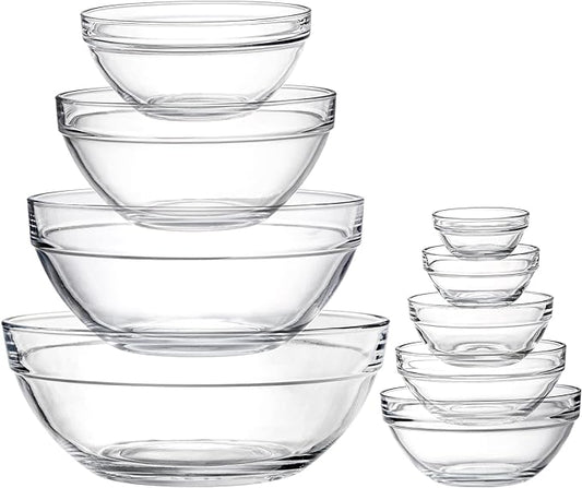Lawei Set of 9 Glass Mixing Bowls - Glass Nesting Bowls Prep Bowl Clear Salad Bowls for Kitchen Prep Salad, Cereal, Ice Cream, Pasta, Fruits