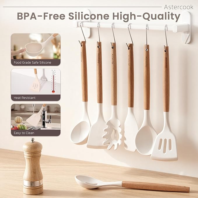 Astercook Silicone Cooking Utensils Set, 38 PCS Kitchen Utensils Set for 446°F Heat Resistant, Food Grade Utensil Sets with Wooden Handle, Kitchen Gadgets for Nonstick Cookware BPA Free (White)