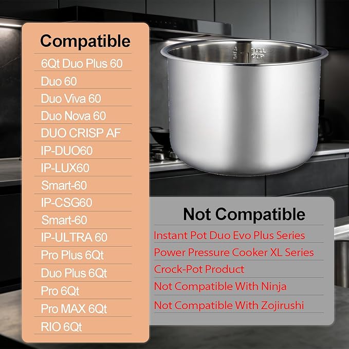 Upgraded Stainless Steel Inner Pot for Instant Pot 6 QT, Replacement Pot for Instant Pot 6 Quart, 304[18/8] stainless steel thickened design, 0 Coating, Non-Toxic (No Teflon). 3 Year Warranty.