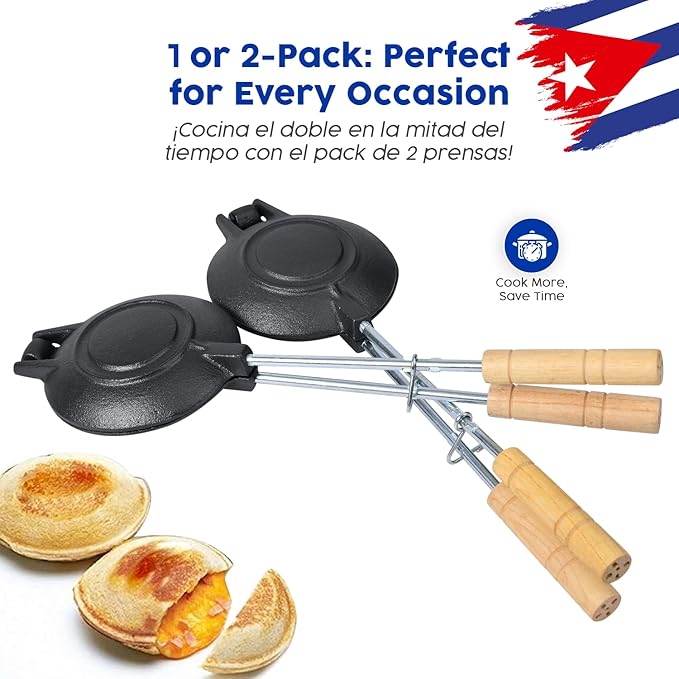 2 Uds Original Disquera de Pan Cubano Redondo – Set of 2 Cast Iron Cuban Sandwich Presses – Traditional Discos Voladores Maker – 15” with Wooden Handles