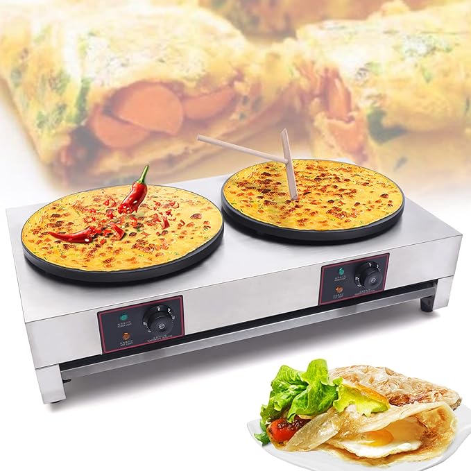 16" Commercial Electric Crepe Maker Pancake Baking Machine Non-Stick Electric Crepe Pan Single Hotplate Adjustable Temperature 50-300℃(122-572℉) with Batter Spreader for Tortilla, 110V