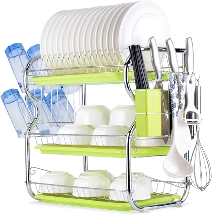 3 Tier Dish Racking System with Removable Drain Board - Sturdy Steel Kitchen Counter Organizer for Efficient Drying and Utensil Storage