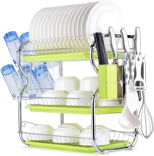 3 Tier Dish Racking System with Removable Drain Board - Sturdy Steel Kitchen Counter Organizer for Efficient Drying and Utensil Storage