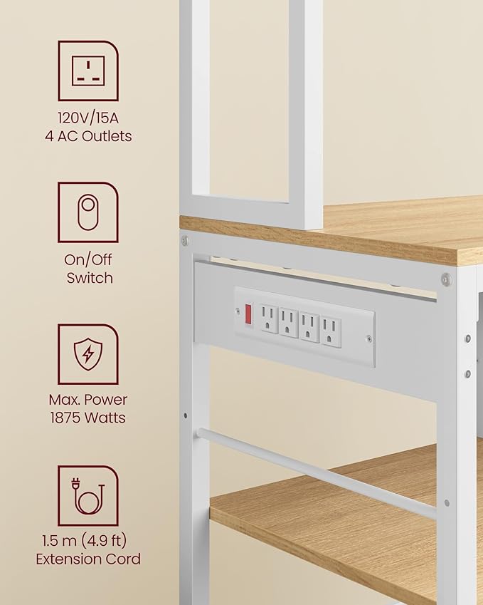 VASAGLE Bakers Rack with Charging Station, Coffee Bar, 15.7 x 39.4 x 71 Inches, Kitchen Microwave Stand, Adjustable Storage Shelves, Fabric Drawer, 12 Hooks, Golden Oak and Cloud White UKKS027Y01