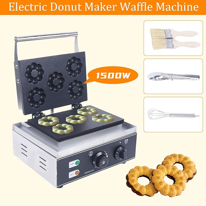 Commercial Non-Stick Waffle Donut Machine Plum Flower 5 Holes Double-Sided 1500W Electric Doughnut Maker For Baking Delicious Donuts （Mini Donut Size）