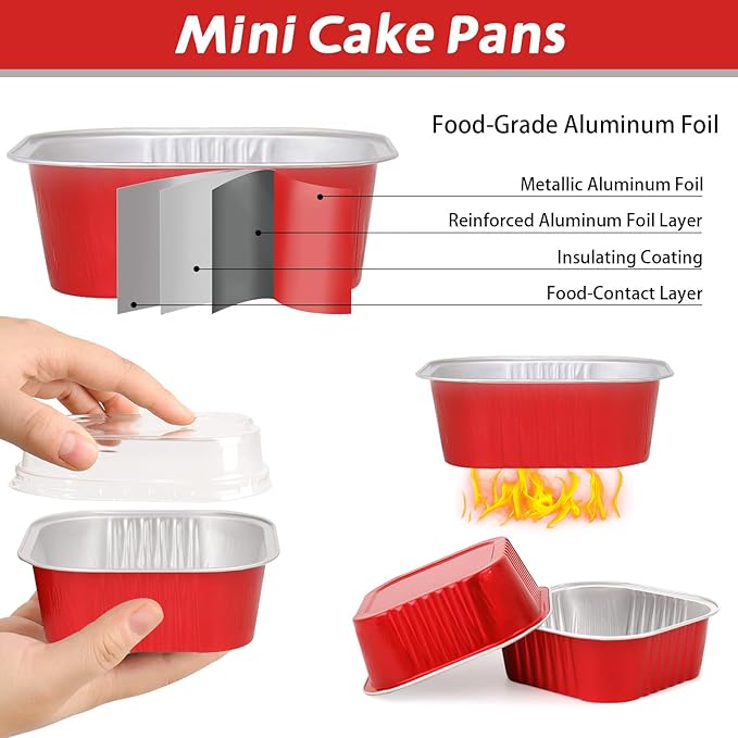 200 Pack 8 oz Red Square Mini Cake Pans with Lids, Aluminum Foil Square Brownie Baking Cups for Ramekins Muffin Cupcake Wedding Birthday Party