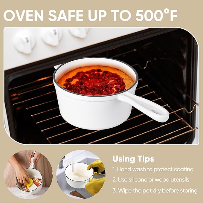 TeamFar 3QT Enameled Cast Iron Sauce Pan, Small Sauce Pot with Lid, Mini Dutch Oven Saucepan for Cooking/Simmering/Baking/Boiling, Sturdy & Nonstick, Oven Safe & Fit for Induction-White