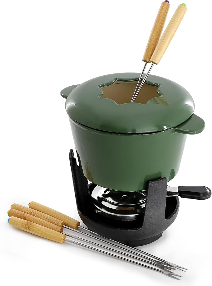 MegaChef Enameled Cast Iron Fondue Pot Set with 6 Serving Forks – Perfect for Chocolate, Cheese, and Snack Fondue, Vibrant Green Cookware