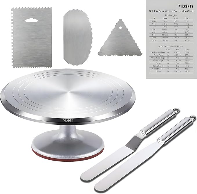 Yizish Cake Turntable Aluminum Alloy, 12 Inch Rotating Cake Stand Decorating Kits with Stainless Steel Icing Spatula (2pcs) and Icing Smoother (3pcs) for Baking, Pastries and Cupcakes