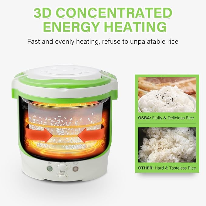 OSBA Mini Rice Cooker, 1L Travel Rice Cooker Small 12V For Car, Cooking For Soup Porridge and Rice, Cooking Heating and Keeping Warm Function(Green)