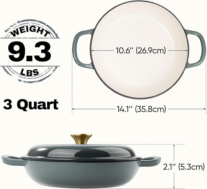 3 Quart Enameled Cast Iron Braiser, Non Stick Enameled Cast Iron Skillet with Lid, Dutch Oven Skillet with lid up to 500°F for Oven, Stove, Grill, Shallow Dutch Oven for Cook, Bake (Gray)