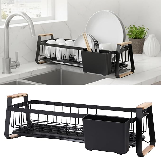 Dish Rack, Over Sink Metal and Wood Dish Drainer with Detachable Drip Tray and Utensil Holder, Space Saving Kitchen Organizer for Countertop (Black)