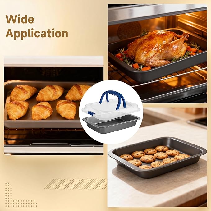 2 PCS Cake Baking Pan 9x13 with Lid & Handle, Nonstick Carbon Steel Baking Tray with Silicone Brush Scraper Spatula, Rectangular Sheet Pan for Cookies Brownie, Roasting Cooking