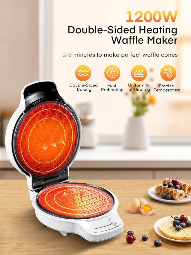 FOHERE Waffle Cone Maker Machine and Ice Cream Bowl Maker with Temperature Control, Double Side Nonstick Waffle Bowl Maker with Cone Roller, 7.5” Thin Waffle Maker for Home Kitchen (White)