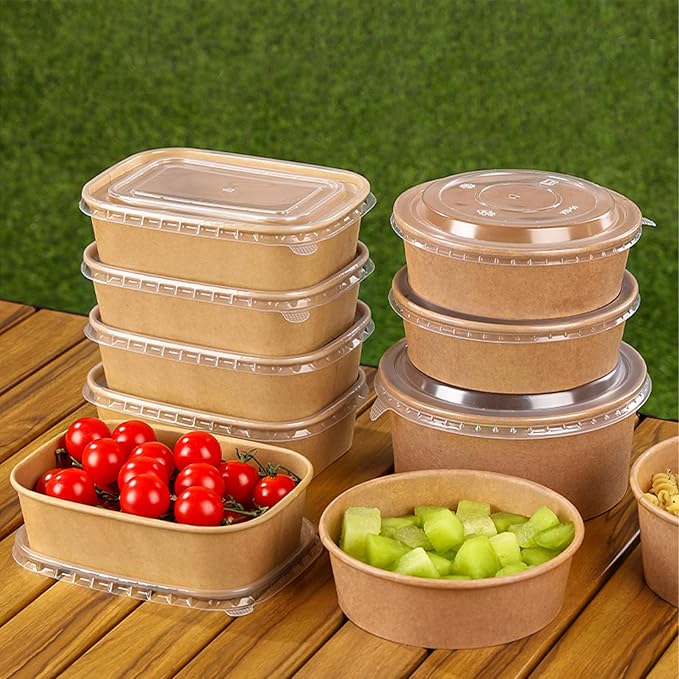 DI QIU REN 50-Pack 29oz Disposable Kraft Paper Bowls【with Lids and Forks】,Meal Prep Containers Disposable To go Food Containers Christmas Take Out Containers, Microwave Safe for Hot/Cold Food