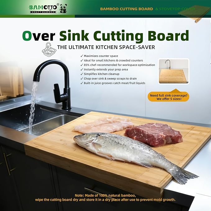 30 x 21 in Extra Large Bamboo Cutting Board, Stovetop Cover, Sink Cover, Noodle Board with Detachable Legs & Detachable Non-Slip Front Lip for Kitchen Countertop