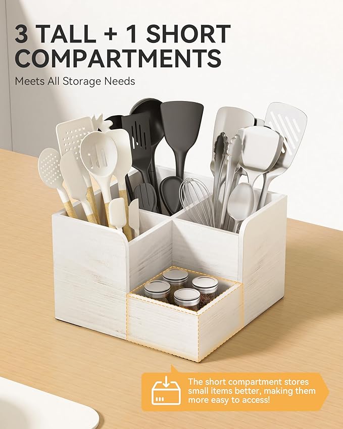 Yofidra Kitchen Utensil Holder with Stone Drying Mats, 4 Compartments Corner Utensil Holder for Kitchen Countertop, Extra Large Silverware Organizer (White)