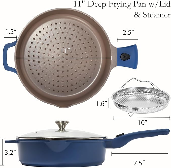 ESLITE LIFE Nonstick Always Pan with Lid, 11 Inch(4.5 Qt) Deep Frying Skillet Sauté Pan, Safe for Oven, Induction & All Cooktops, PTFE & PFOA Free (Blue Granite, 11" w/Lid & Steamer)