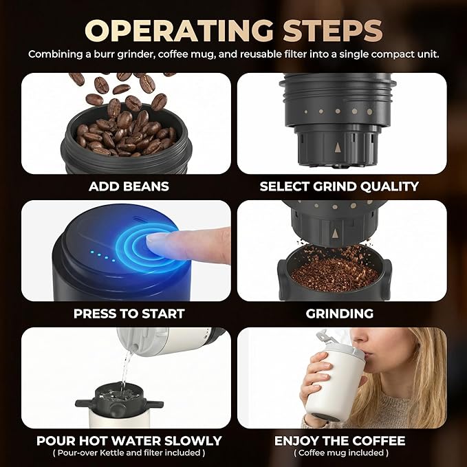 HAUSHOF Portable Coffee Maker, Travel Coffee Maker Battery Operated Small Pour Over Set, Compact Coffee Maker with Electric Grinder & Insulated Mug for Travel, Camping, Car