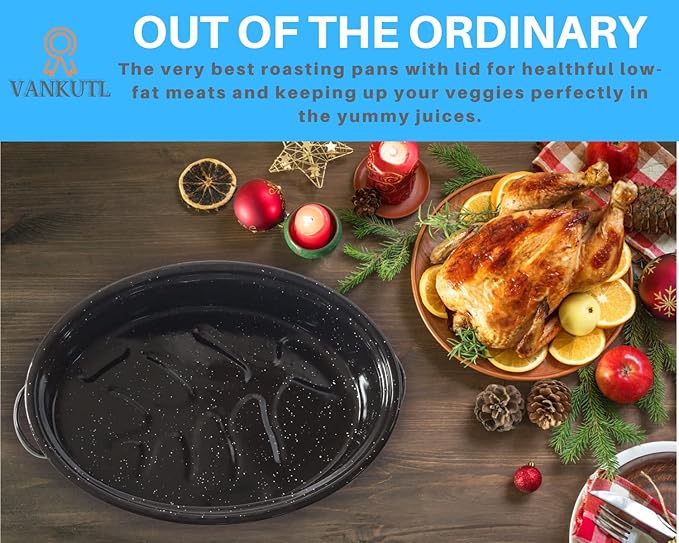 14.6 Inch Roasting Pan with Lid - Covered Oval Roaster - Enamel Carbon Steel Roaster Pot - Excellent Heat Distribution and Non-sticky - for Turkey Chicken Meat & Vegetables -Birthday and Holiday gift