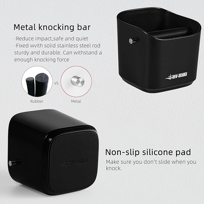 MHW-3BOMBER Espresso Knock Box, 1.2L(15 Cups) Coffee Knock Box with Removable Knock Bar and Anti-slip Pads for Espresso Puck, Coffee Ground, Durable Espresso Accessories, Black GB5967B